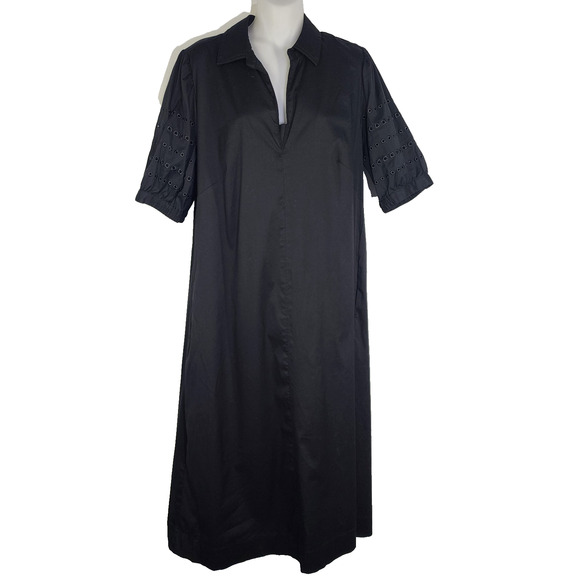 Chico's Women's Midi Shirt Dress Eyelet Puff Short Sleeves V Neck Size 8 Black - Picture 1 of 11
